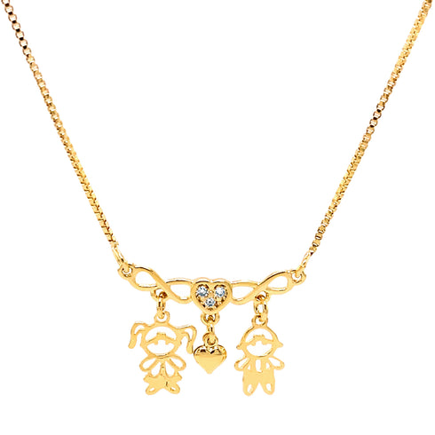 The Boy and Girl Children Pendant Hearth Necklace for Mother's Day showcases a 14k gold chain with charming boy and girl pendants. Its centerpiece, a heart charm set with a blue gemstone, adds a touch of elegance to this beautiful piece.